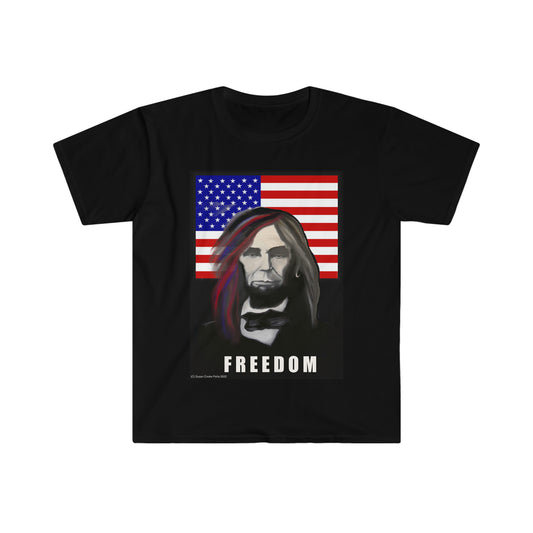 Freedom American Flag Long haired Lincoln by SCP Unisex Softstyle T-Shirt