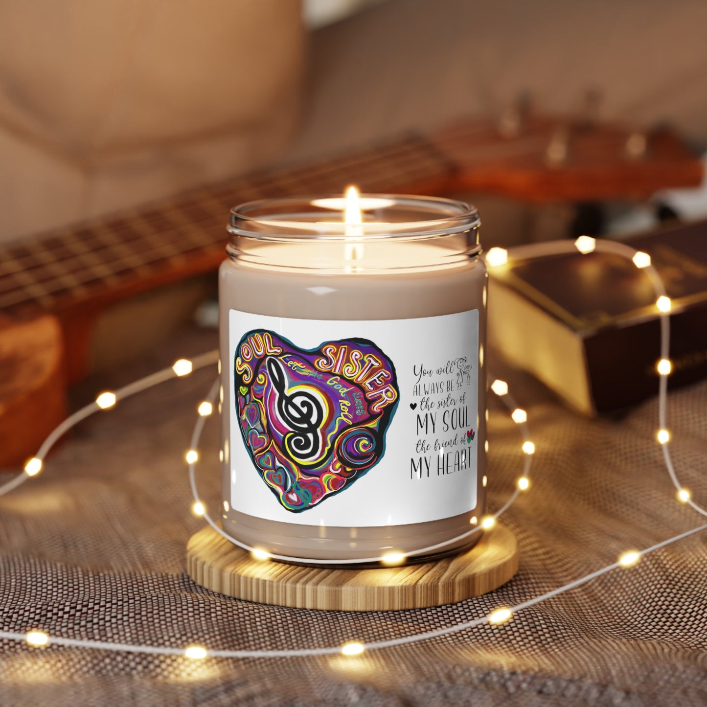 Soul Sister --Scented Organic Soy Candle with Cotton wick glass jar with 3 scents cotton, white sage, lavender, orchid + sea salt -  siste